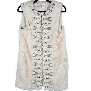 Flying Tomato Vest Womens Small Embroidered Faux Fur Aztec Boho Flyaway Festival